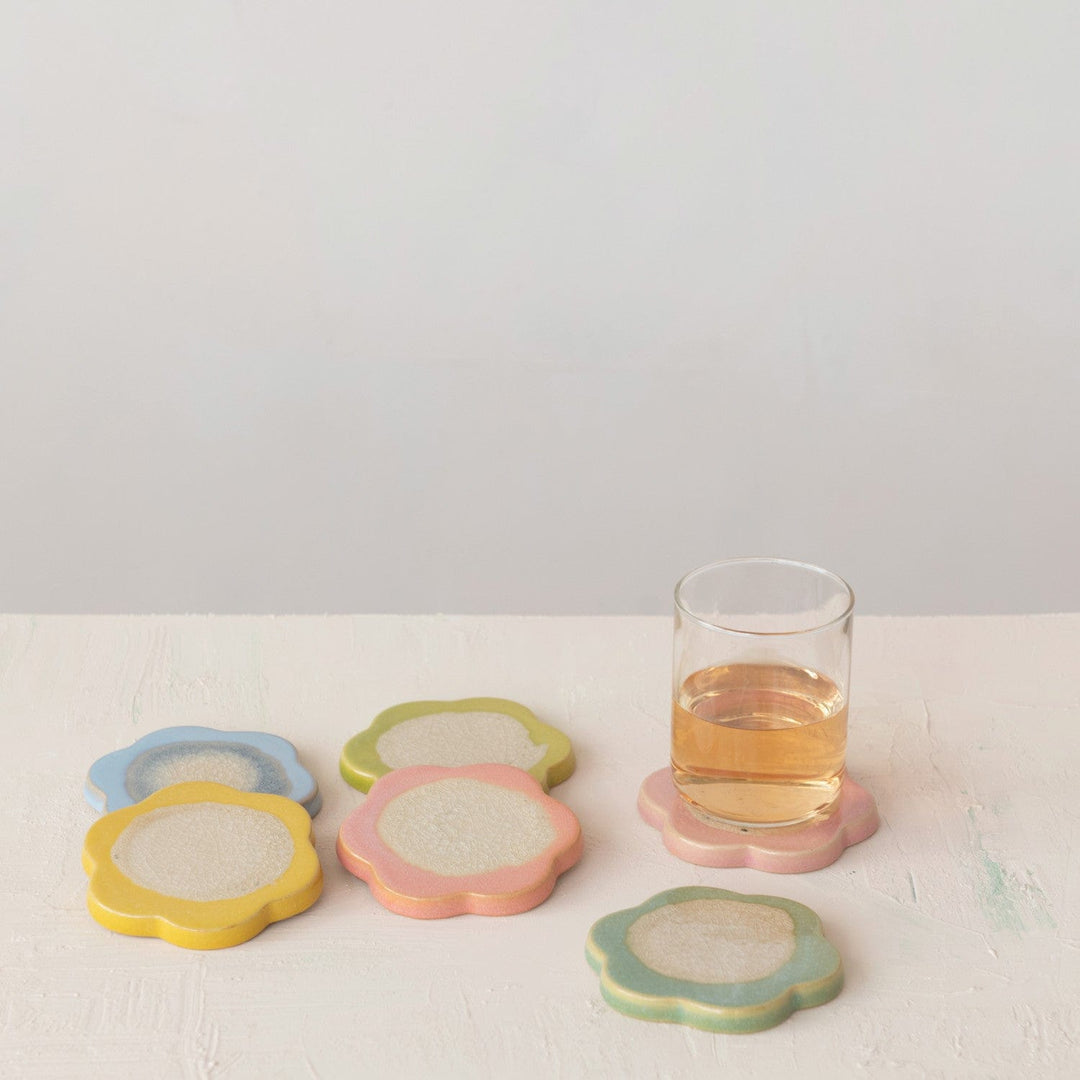 Creative Coop Home Stoneware Flower Shaped Trivet, Reactive Crackle Glaze