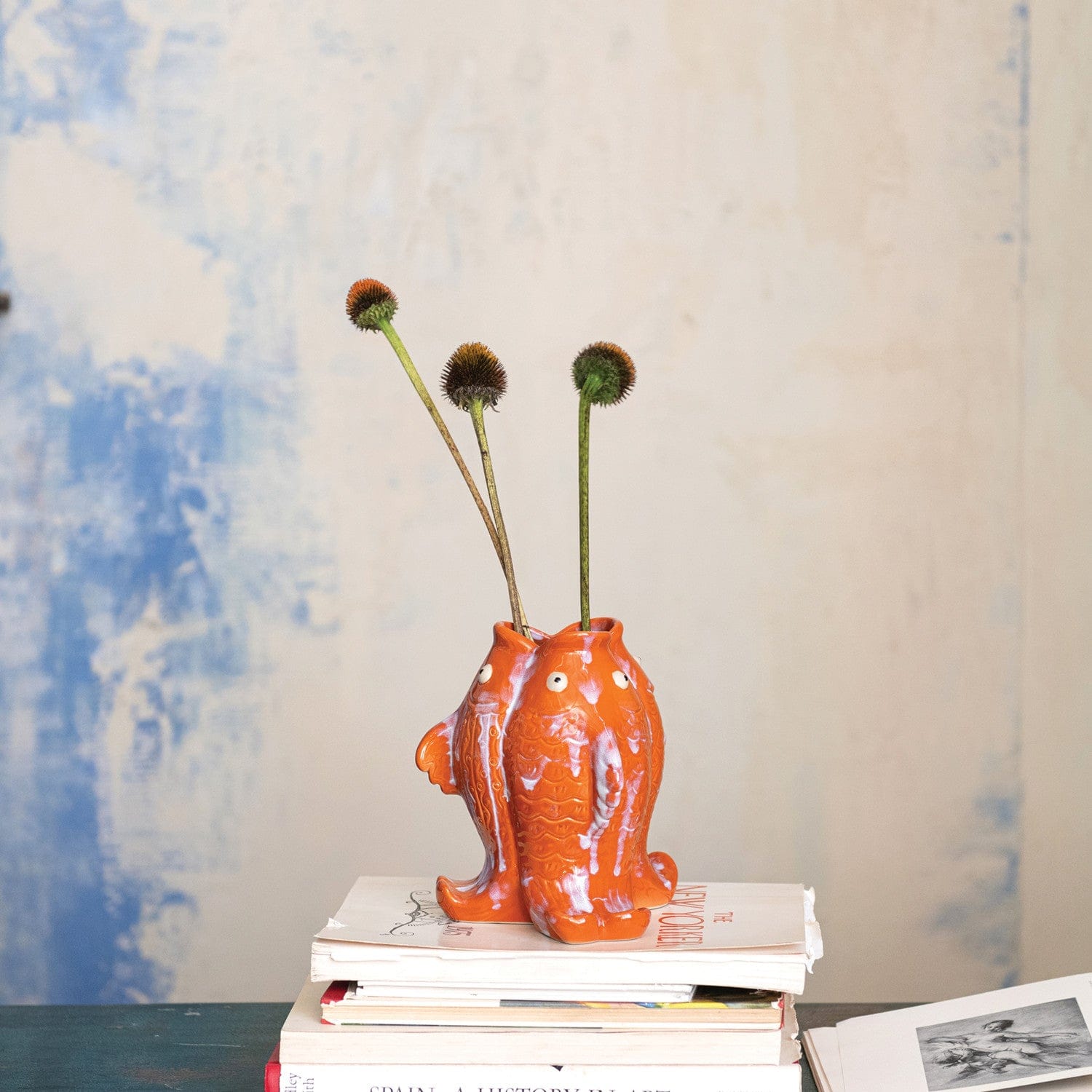 Creative Coop Home Stoneware Koi Fish Shaped Vase, Reactive Glaze