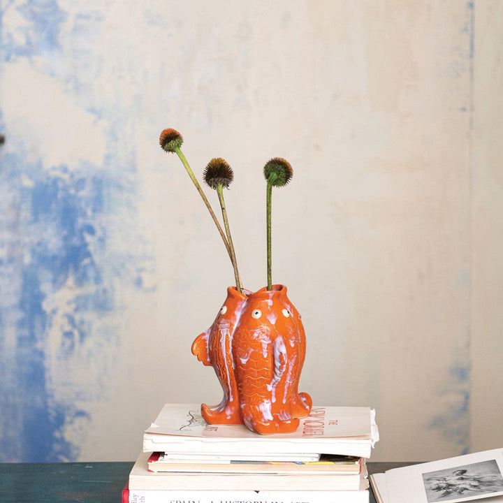 Creative Coop Home Stoneware Koi Fish Shaped Vase, Reactive Glaze