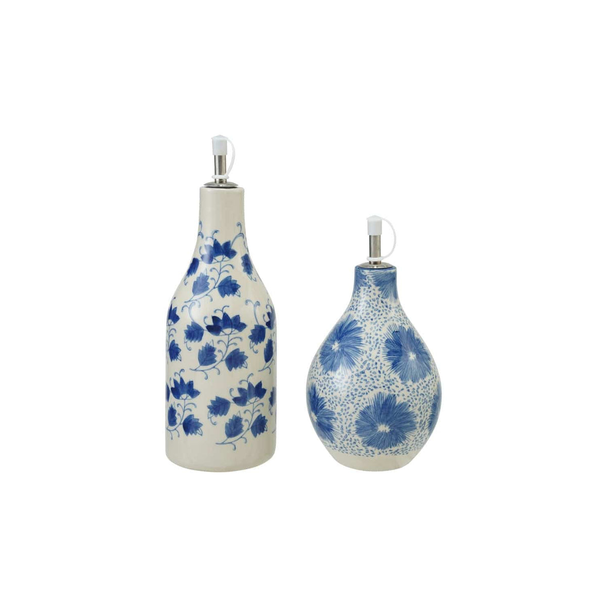 Creative Coop Home Stoneware Oil Cruet with Floral Pattern, Stainless Steel Spout & Plastic Cover