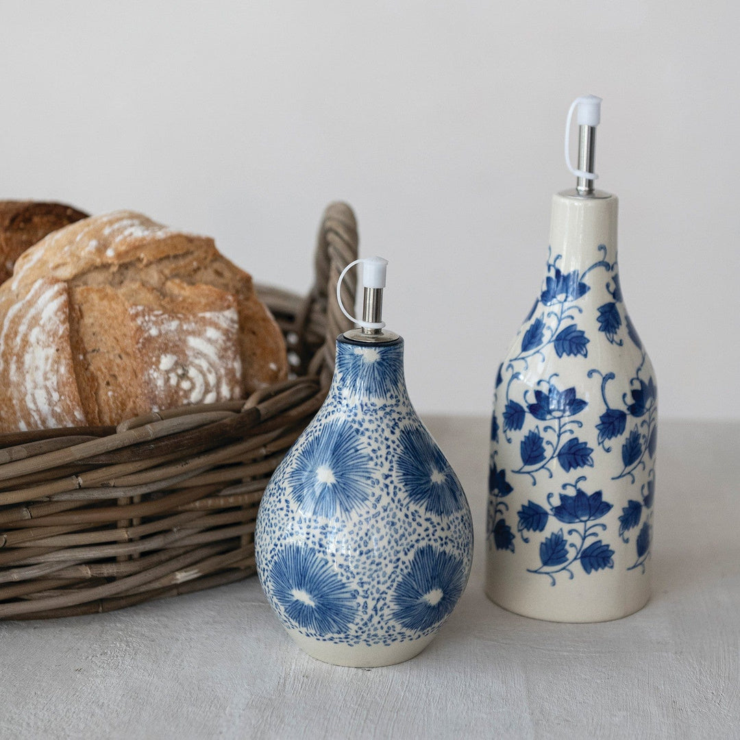 Creative Coop Home Stoneware Oil Cruet with Floral Pattern, Stainless Steel Spout &amp; Plastic Cover