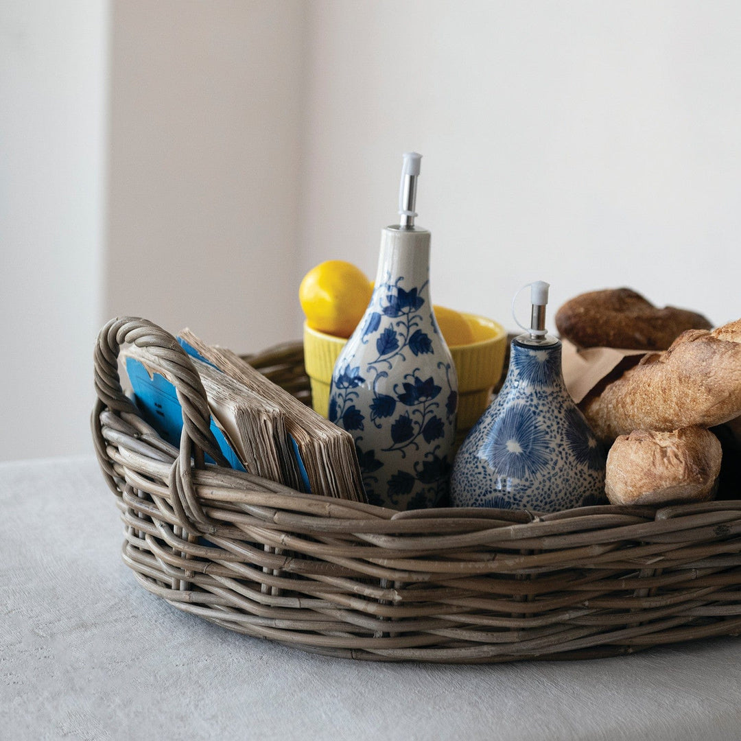 Creative Coop Home Stoneware Oil Cruet with Floral Pattern, Stainless Steel Spout &amp; Plastic Cover