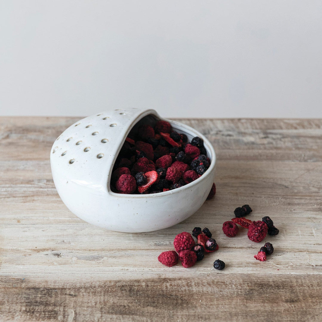 Creative Coop Home Stoneware Strainer Bowl, White