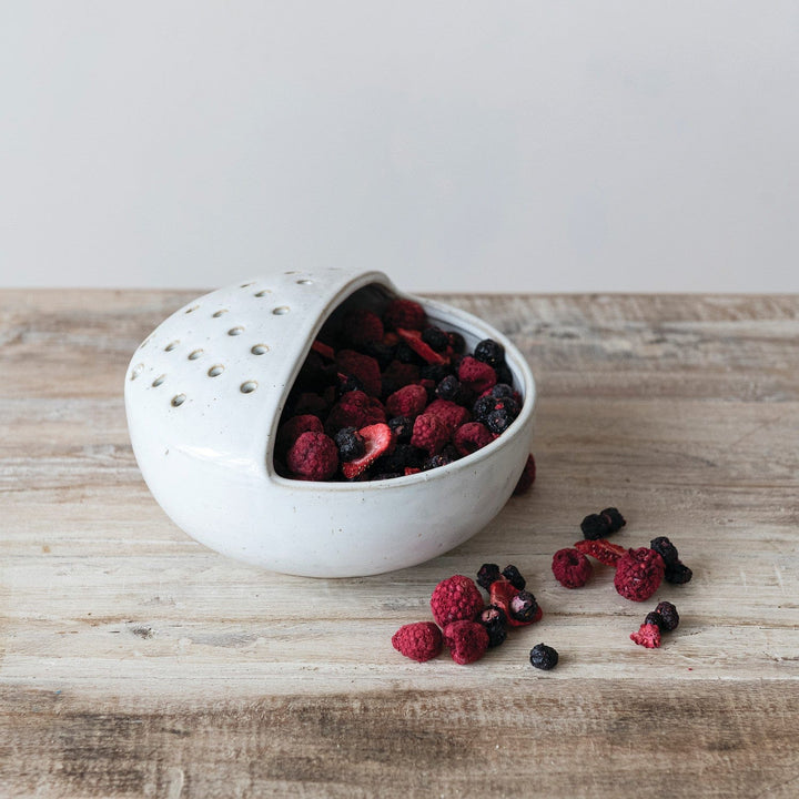 Creative Coop Home Stoneware Strainer Bowl, White