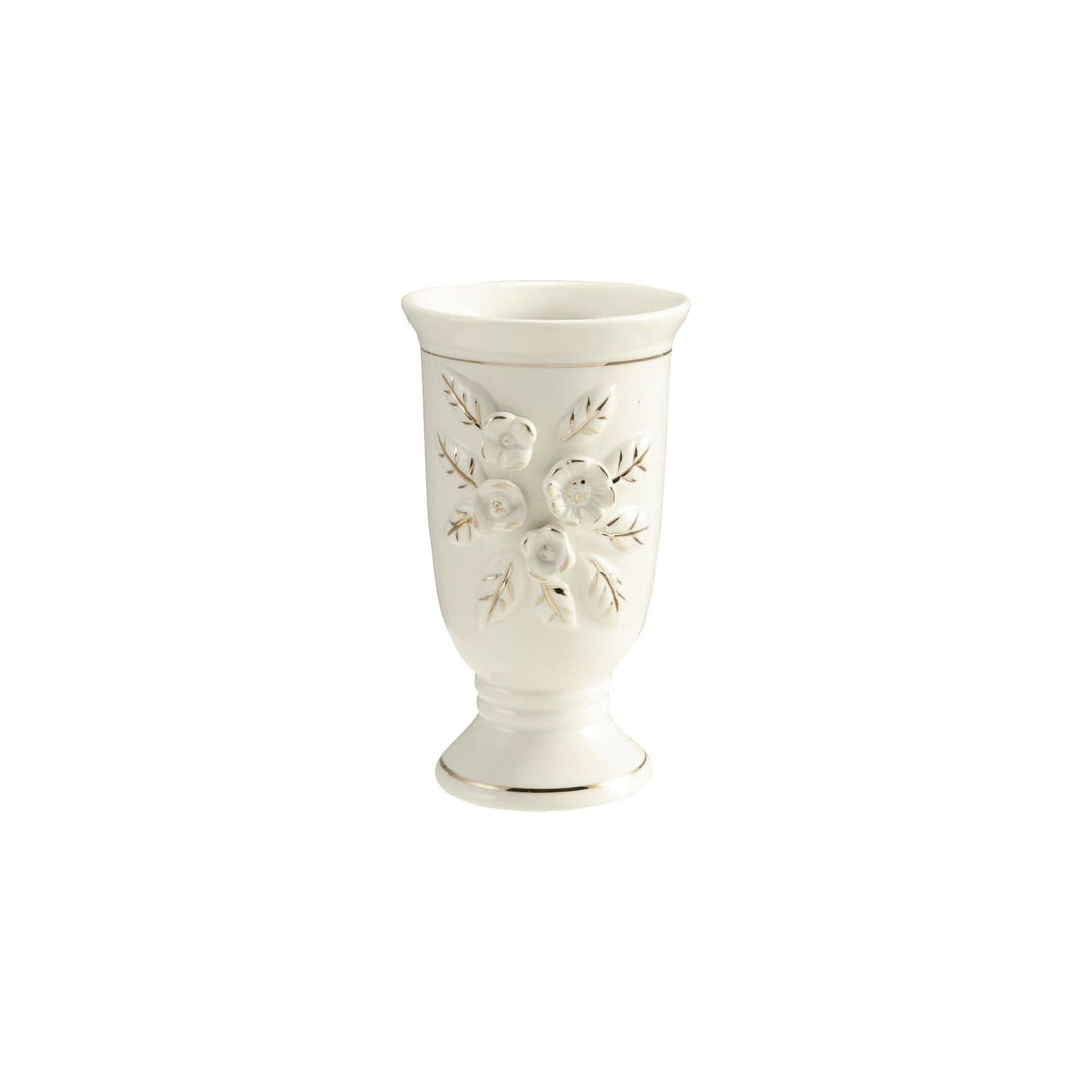 Creative Coop Home Stoneware Vintage Reproduction Footed Vase with 3D Flowers & Gold Electroplating, White