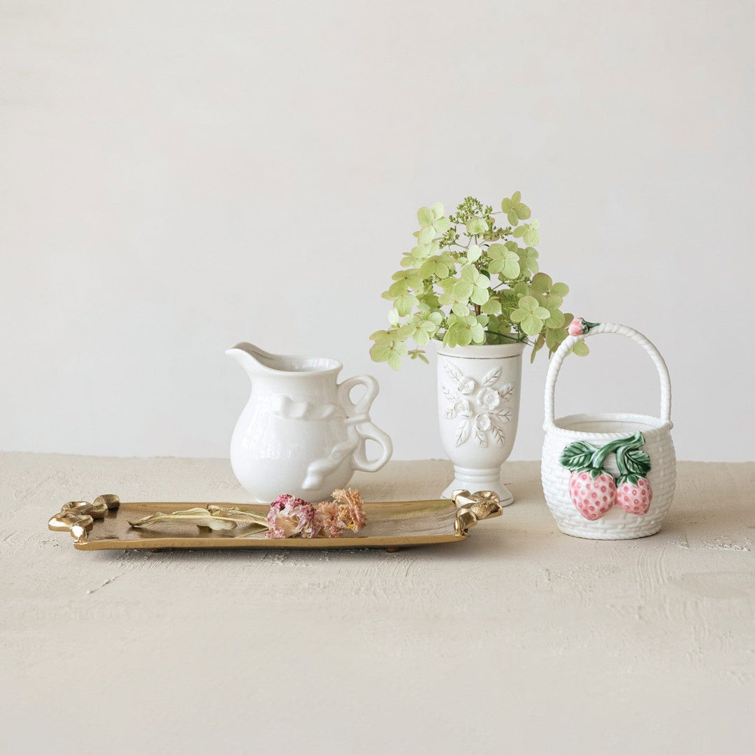 Creative Coop Home Stoneware Vintage Reproduction Footed Vase with 3D Flowers & Gold Electroplating, White