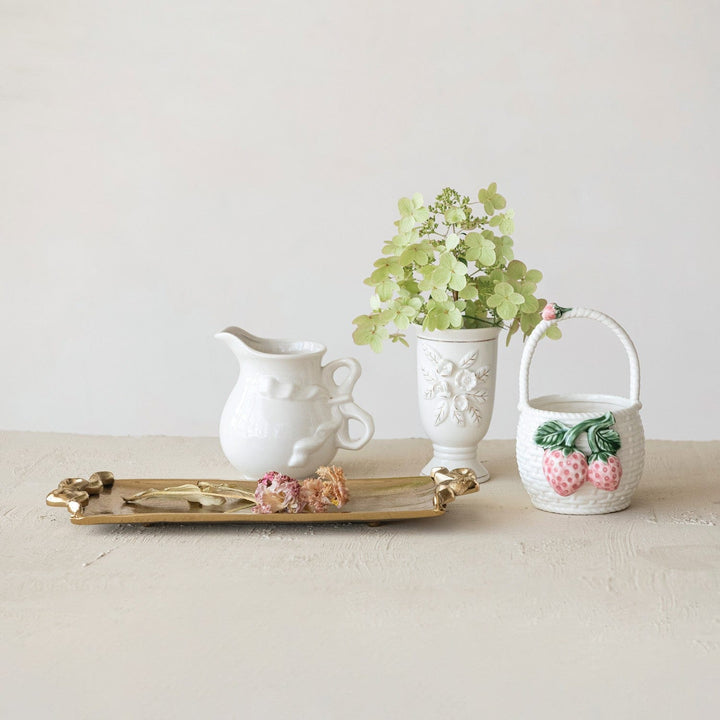 Creative Coop Home Stoneware Vintage Reproduction Footed Vase with 3D Flowers & Gold Electroplating, White