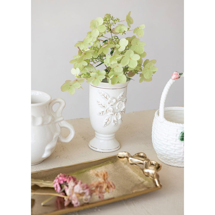 Creative Coop Home Stoneware Vintage Reproduction Footed Vase with 3D Flowers & Gold Electroplating, White