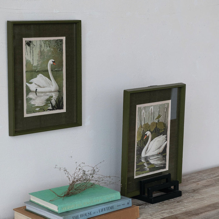 Creative Coop Home Wood Framed Glass Wall Decor with Swan