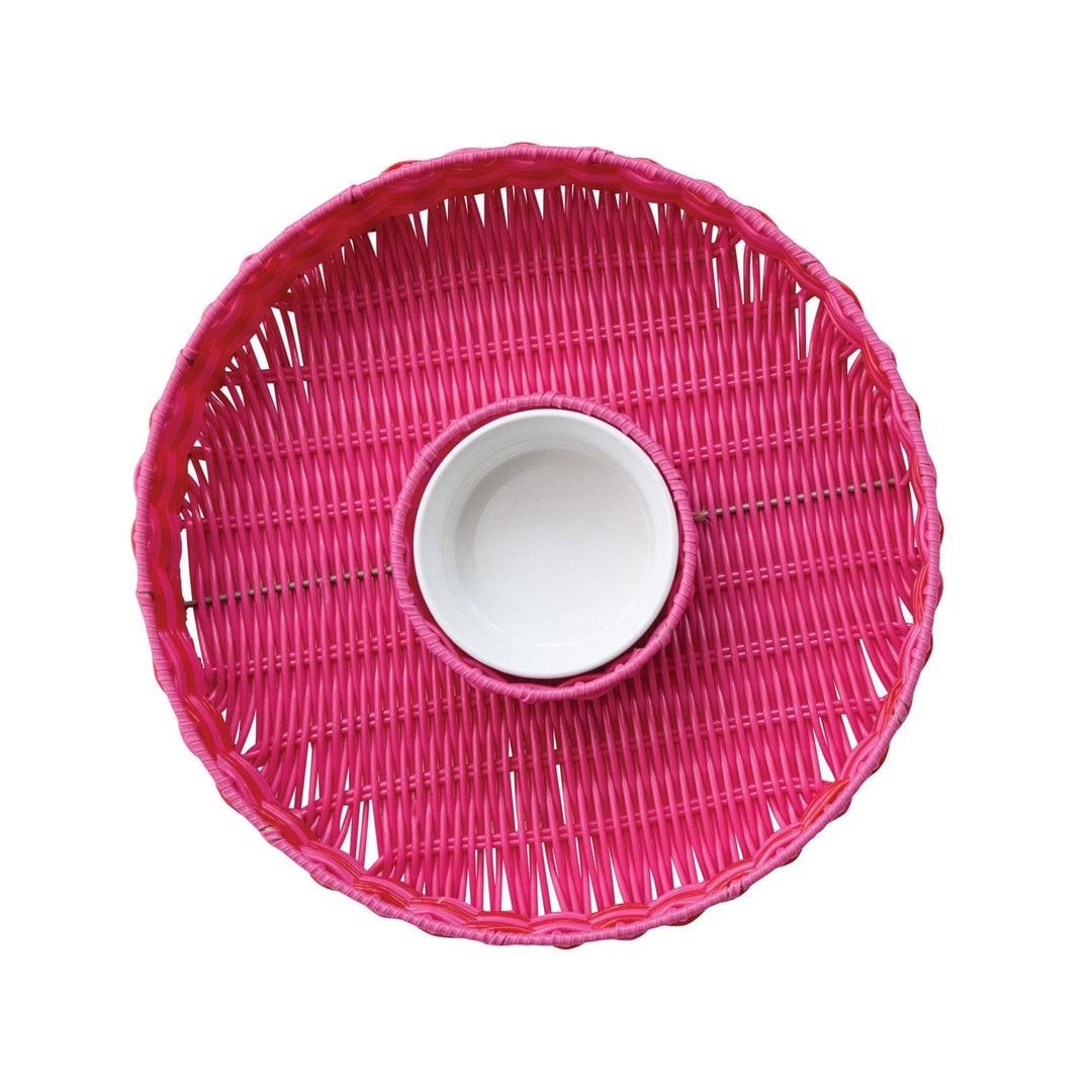 Creative Coop Home Woven Plastic Chip & Dip Basket w/ 18 oz. Removable White Ceramic Bowl, Set of 2