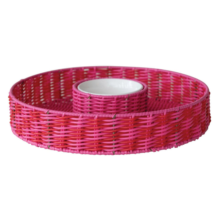 Creative Coop Home Woven Plastic Chip & Dip Basket w/ 18 oz. Removable White Ceramic Bowl, Set of 2