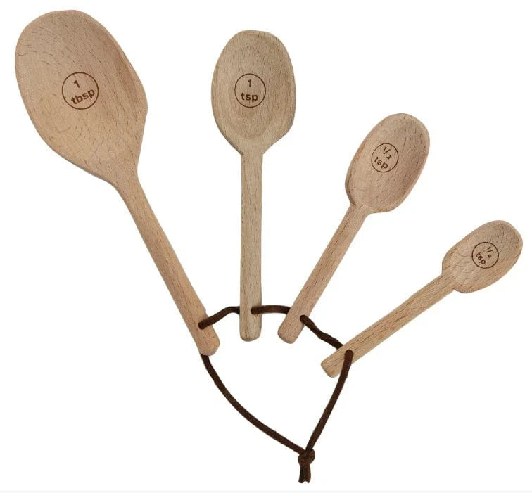 Creative Coop Kitchen Tools & Utensils 6"L Carved Measuring Spoons w/ Leather Tie, Set of 4