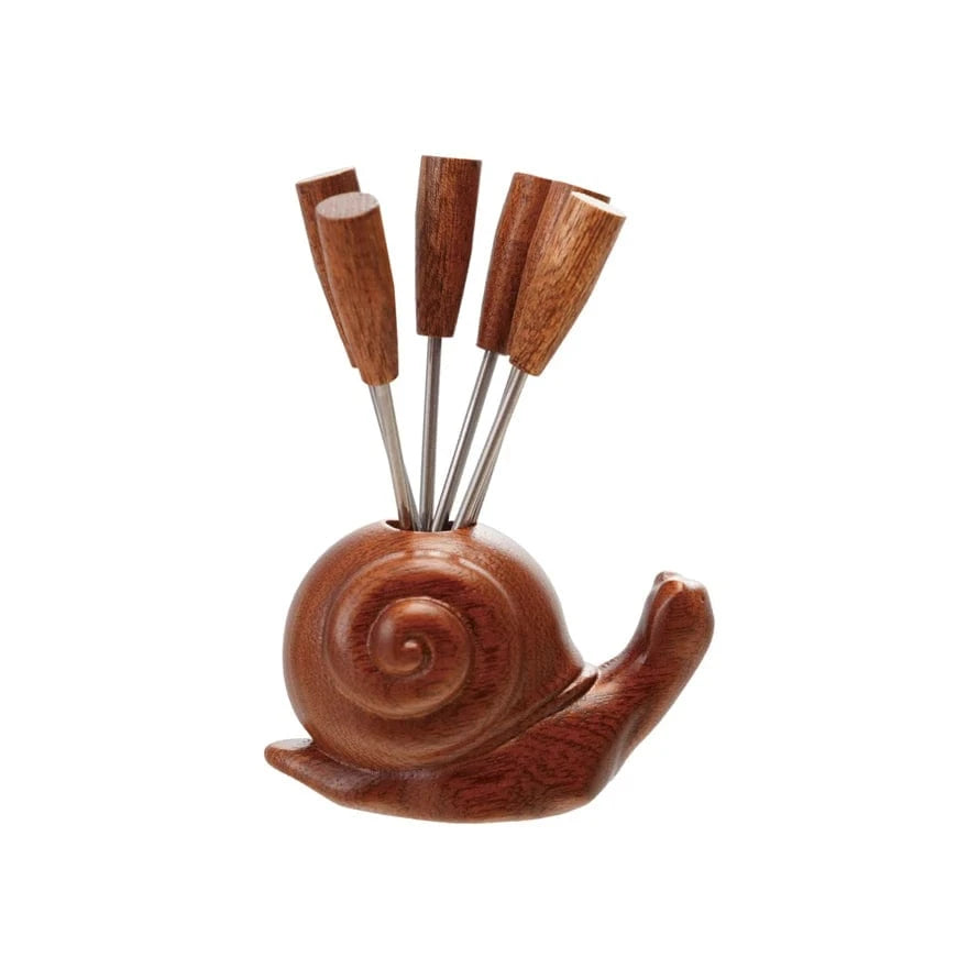 Creative Coop Kitchen Tools & Utensils Wood Snail Shaped Holder with 6 Appetizer Picks, Set of 7