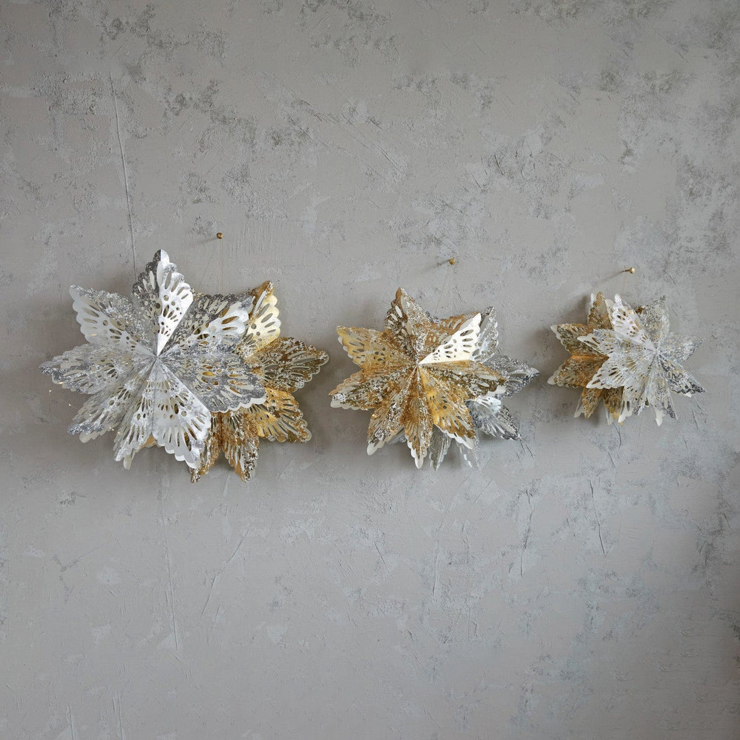 Creative Coop Ornament Medium Handmade Recycled Paper Folding Snowflake Ornament W/LED Light String | 2 Colors