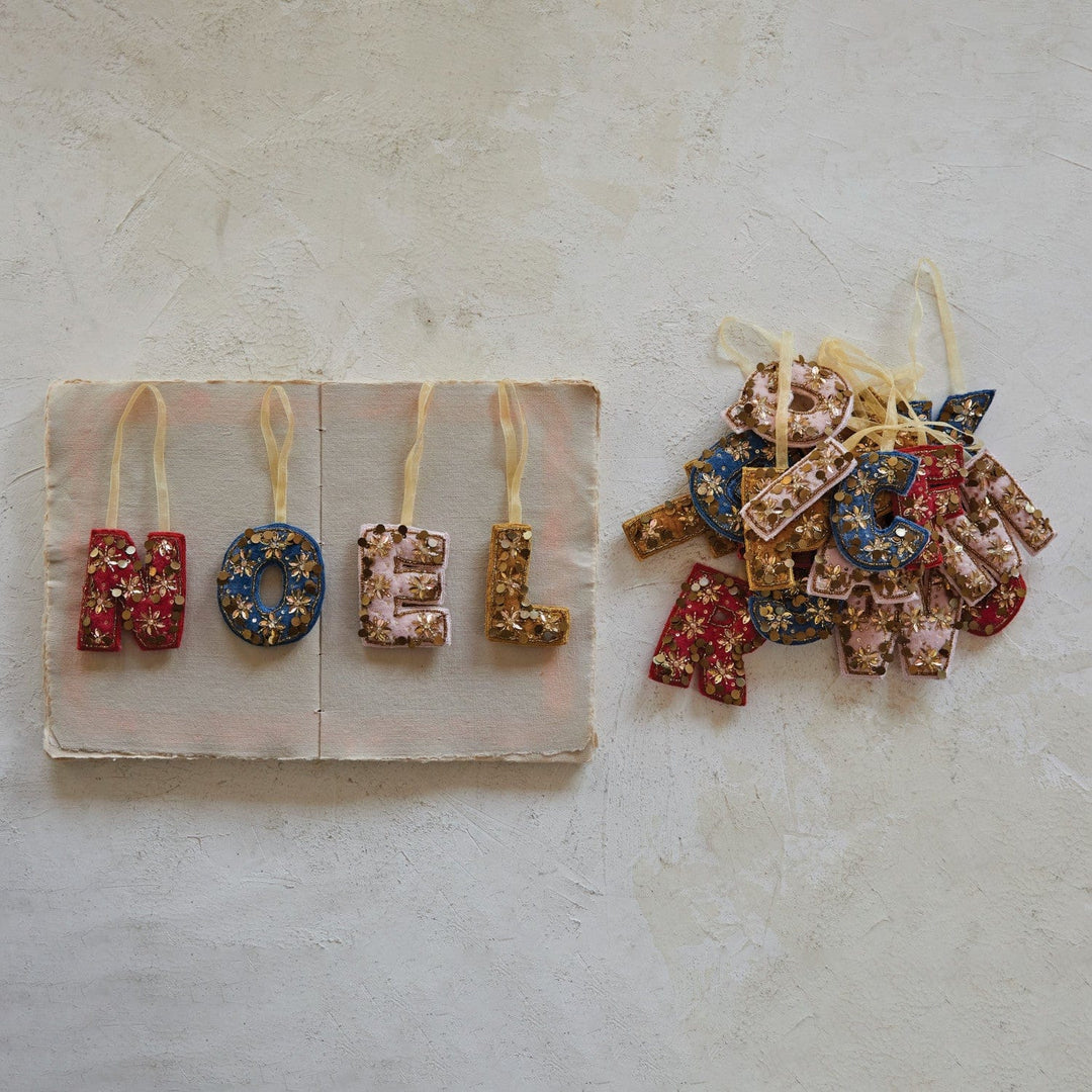 Creative Coop Ornament Velvet Fabric Alphabet Ornament W/Beads & Embroidery