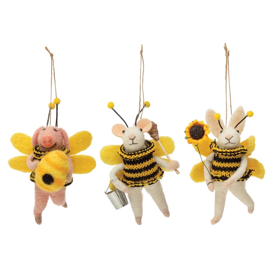 Creative Coop Ornament Wool Felt Animal in Knit Bee Suit Ornament | 3 Styles