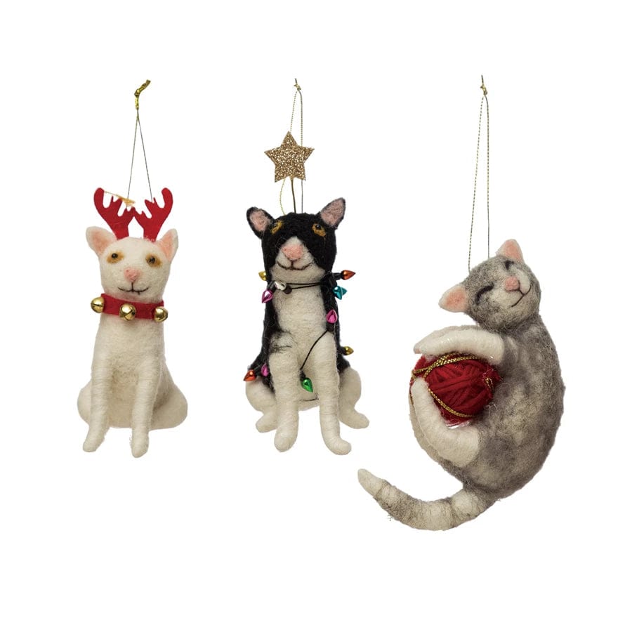 Creative Coop Ornament Wool Felt Cat Ornament W/Holiday Accessories | 3 Styles