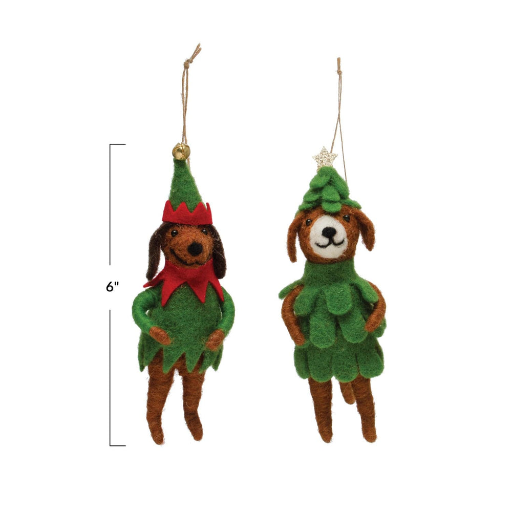 Creative Coop Ornament Wool Felt Dog in Elf Outfit Ornament