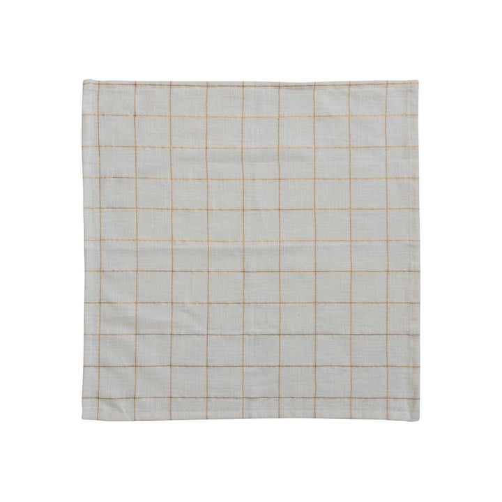 Creative Coop Paper Napkins Square Cotton Napkins W/Grid Pattner & Metallic Gold Thread | Set of 4