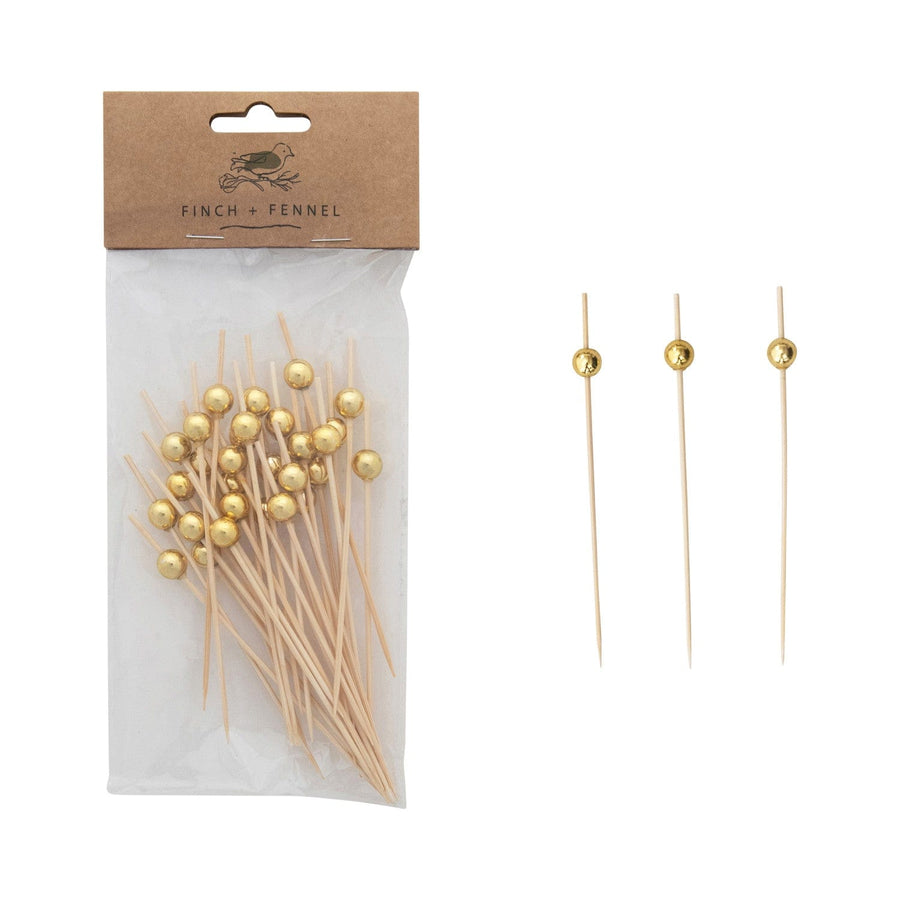 Creative Coop Party Bamboo Single Use Picks with Ball Handles, Natural & Gold Finish, Set of 50