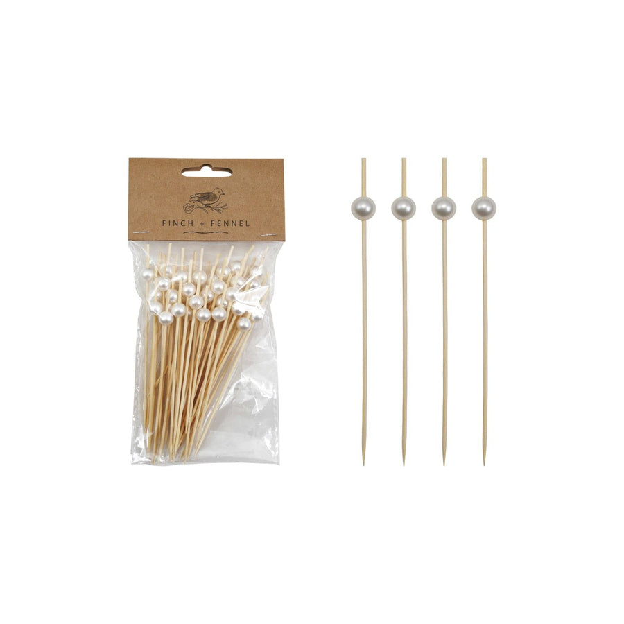 Creative Coop Party Bamboo Single Use Picks with Faux Pearl Handles, Natural & White, Set of 50