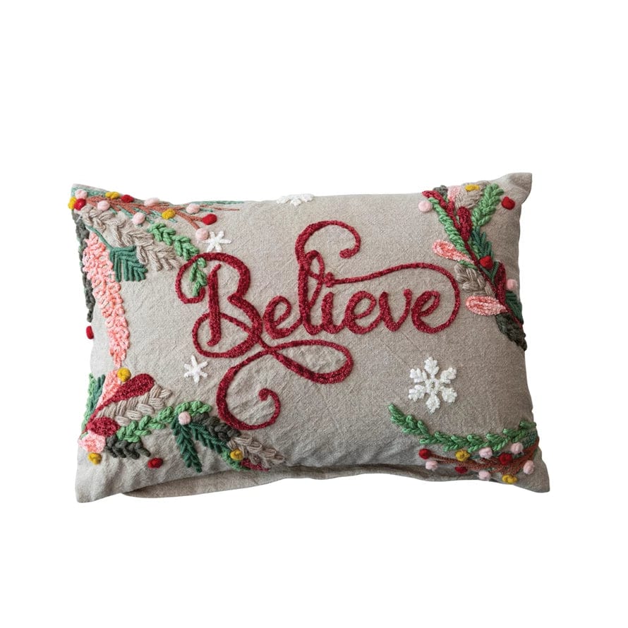 Creative Coop Pillow Cotton Chambray Embroidered Lumbar Pillow W/Snowflakes & Foliage "Believe"