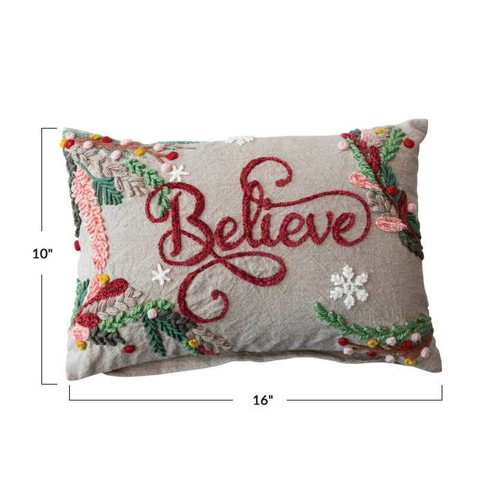 Creative Coop Pillow Cotton Chambray Embroidered Lumbar Pillow W/Snowflakes & Foliage "Believe"