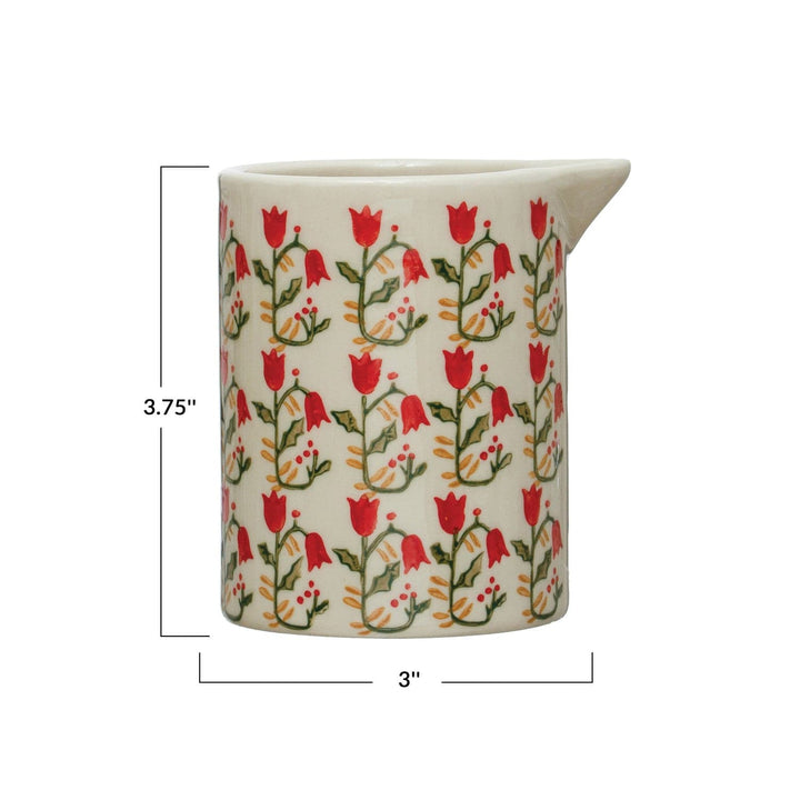 Creative Coop Pitcher Hand-Painted Stoneware Creamer W/Wax Relief Flowers