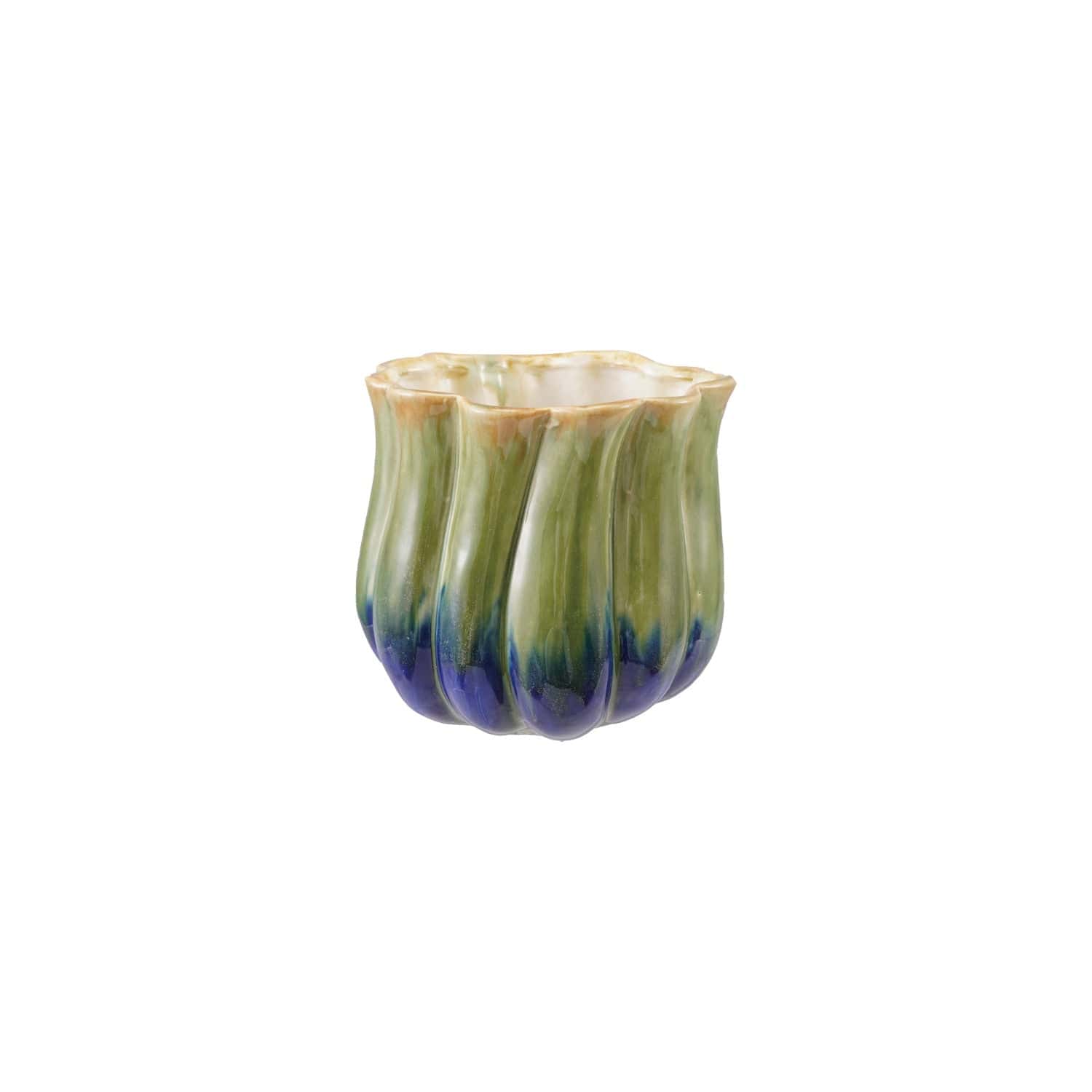 Creative Coop Plants Stoneware Two-Tone Fluted Planter, Green & Blue (Holds 4" Pot)