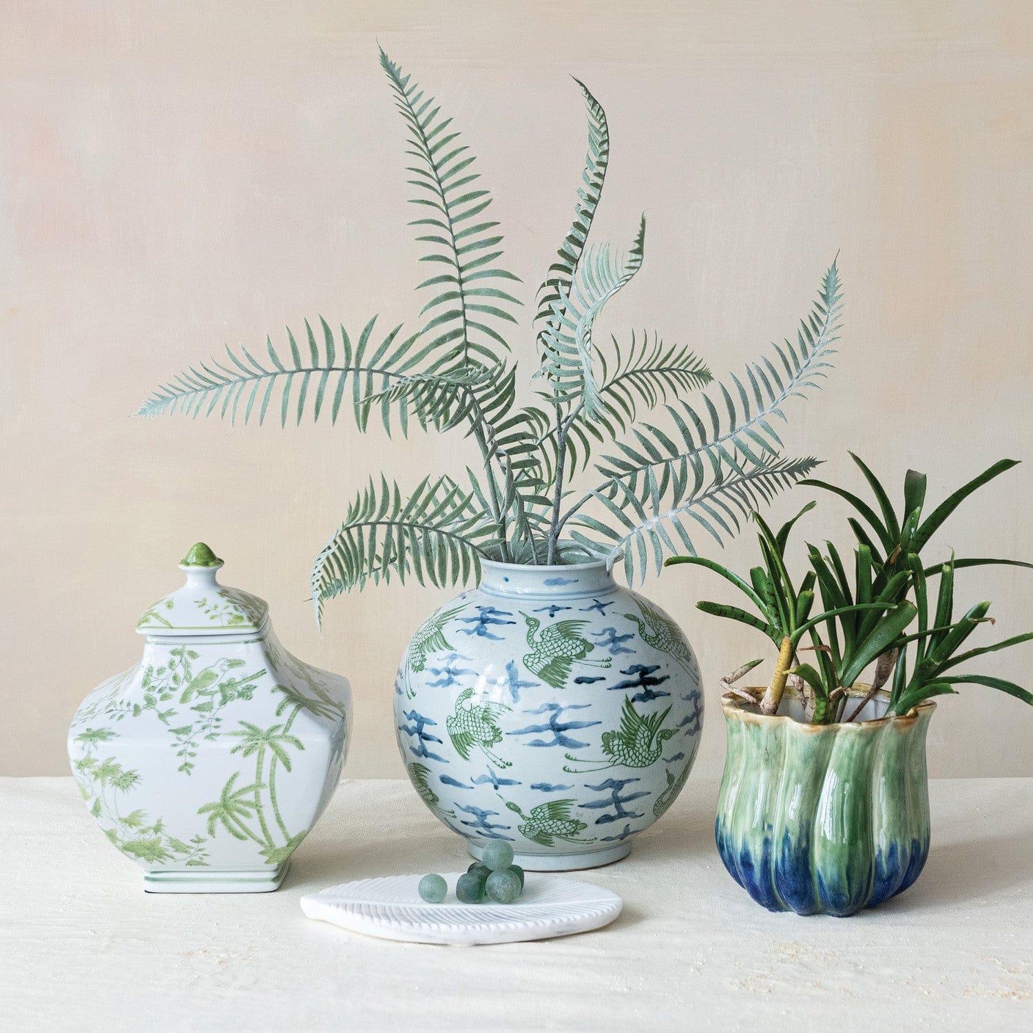 Creative Coop Plants Stoneware Two-Tone Fluted Planter, Green & Blue (Holds 4" Pot)