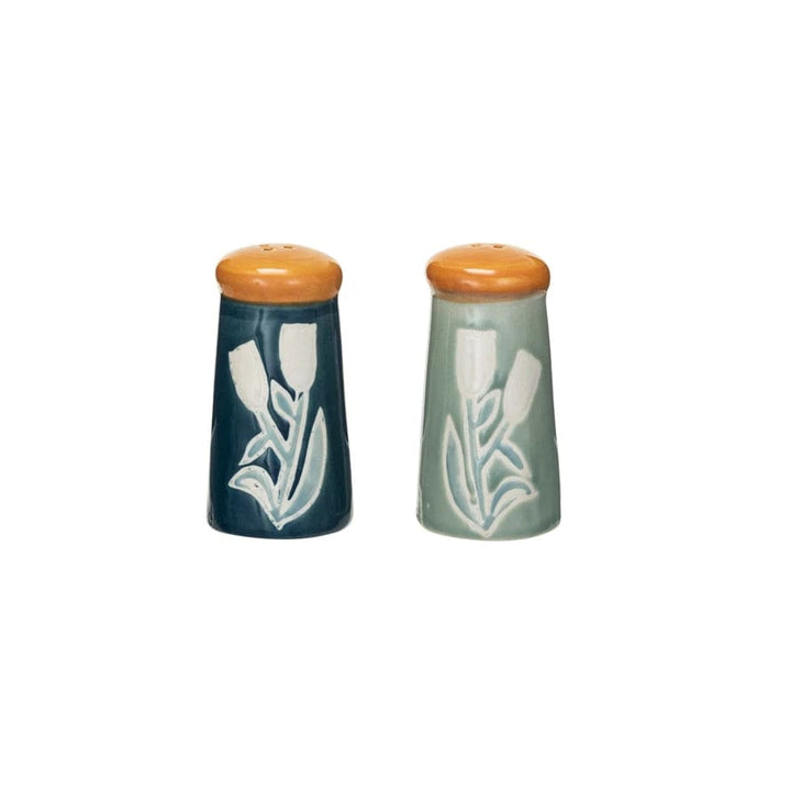 Creative Coop Salt & Pepper Salt & Pepper Shakers w/ Wax Relief Flowers, Set of 2