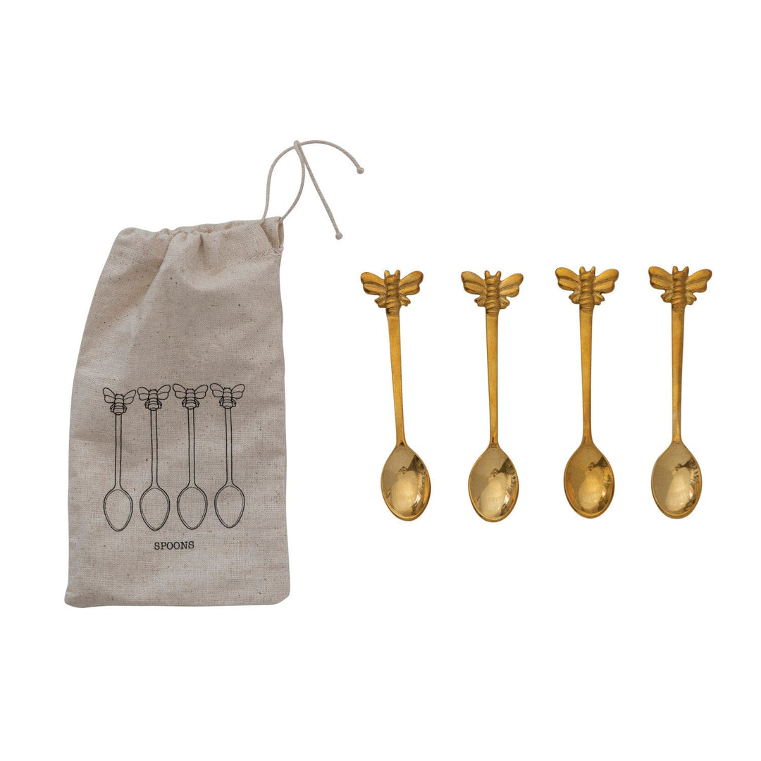 Creative Coop Serveware Brass Spoons with Bees, Set of 4 in Printed Drawstring Bag