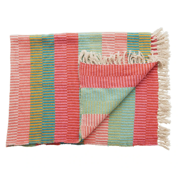 Creative Coop Throws Recycled Cotton Blend Striped Throw with Tassels