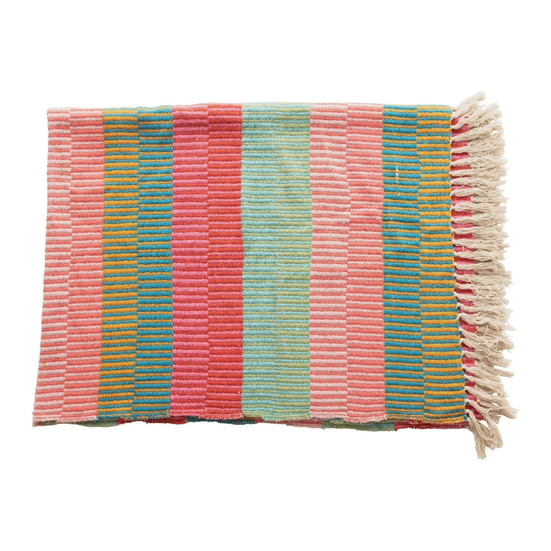 Creative Coop Throws Recycled Cotton Blend Striped Throw with Tassels