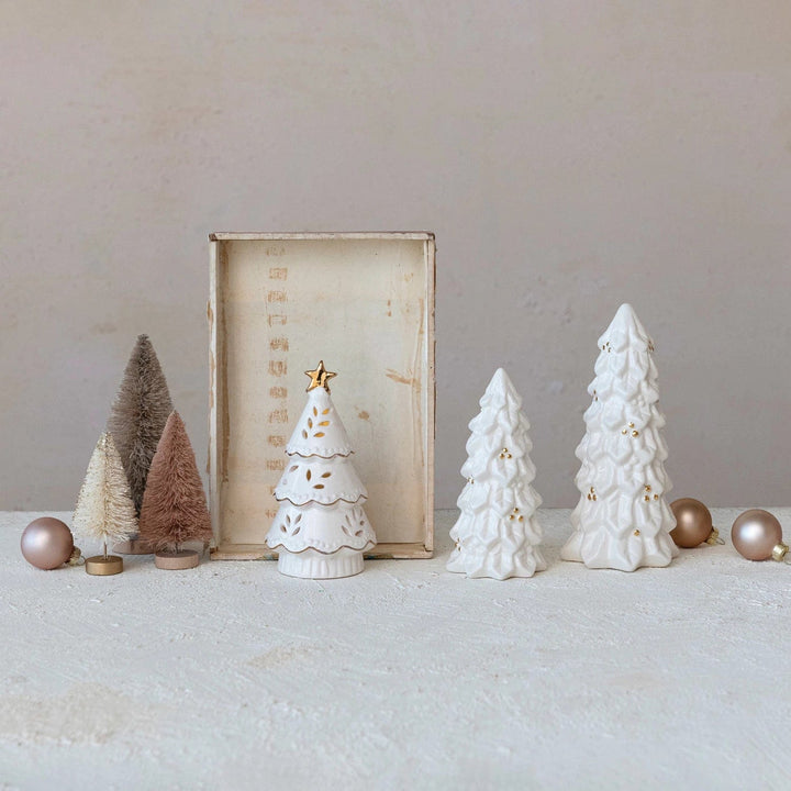 Creative Coop Trees Stoneware Christmas Trees w/ Gold Electropla