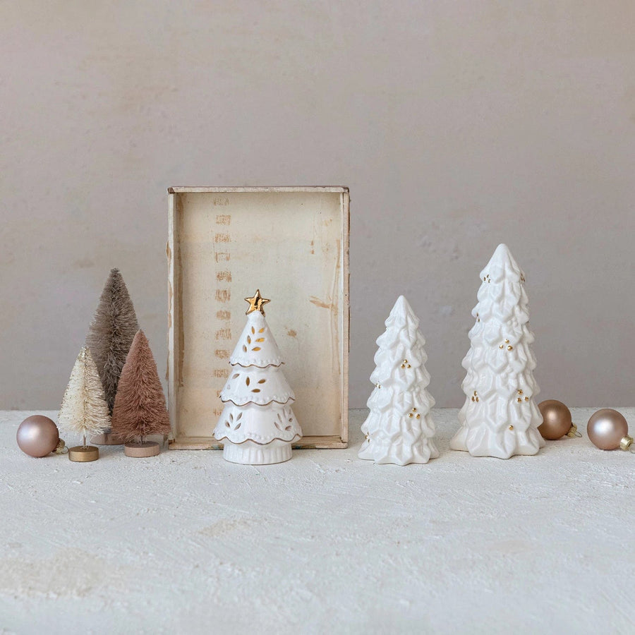 Creative Coop Trees Stoneware Christmas Trees w/ Gold Electropla