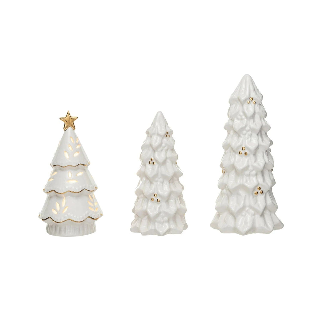 Creative Coop Trees Stoneware Christmas Trees w/ Gold Electropla