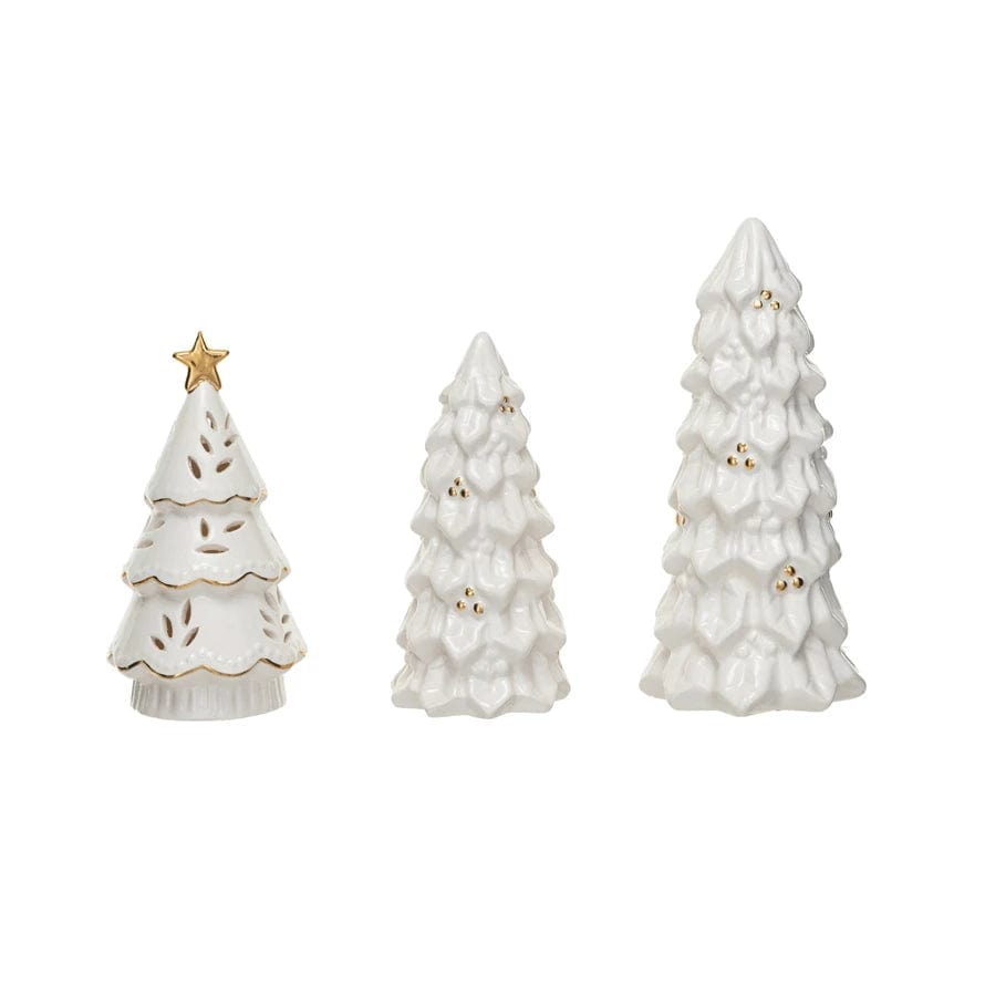 Creative Coop Trees Stoneware Christmas Trees w/ Gold Electropla