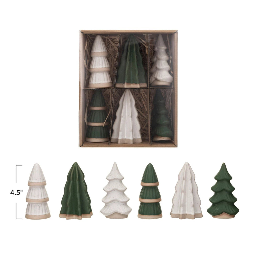 Creative Coop Trees Stoneware Trees | Green, White & Unglazed | Boxed Set of 6