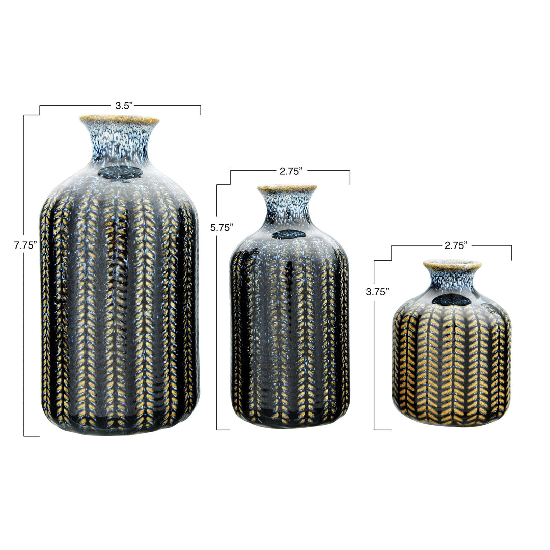 Creative Coop Vase Dark Blue Embossed Stoneware Vases with Glaze