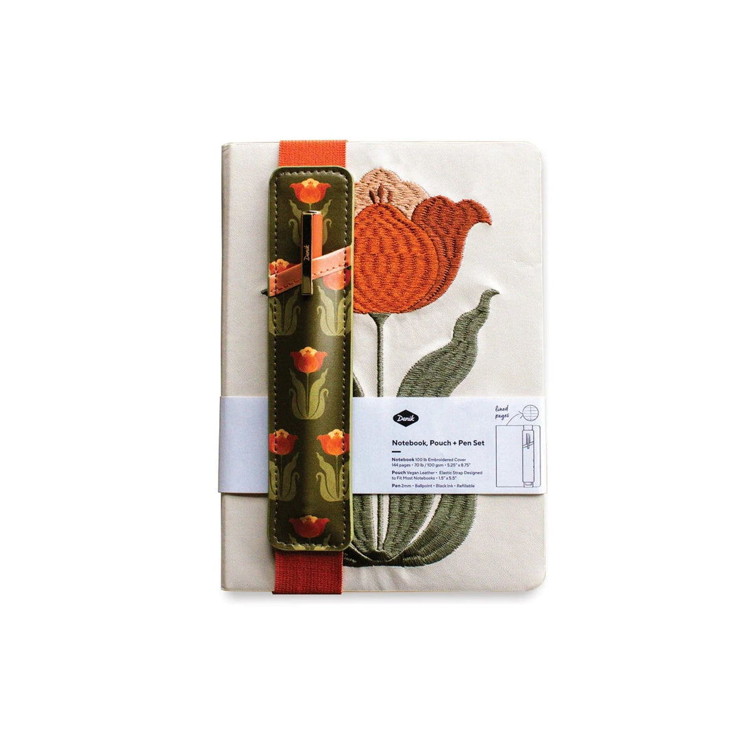 Denik Stationery Set Tulip Embroidered Journal, Pouch and Pen Set