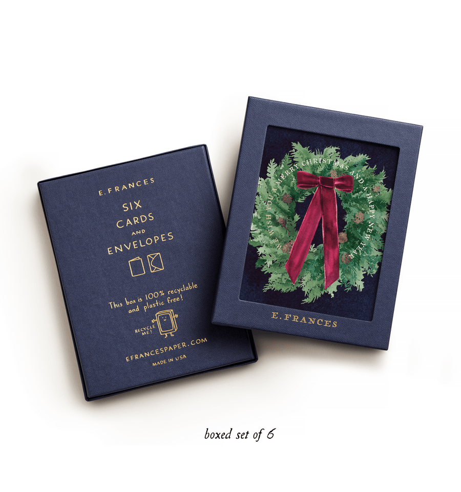 E. Frances Paper Cards Velvet Bow Wreath Boxed Set of 6 Christmas Greeting Cards