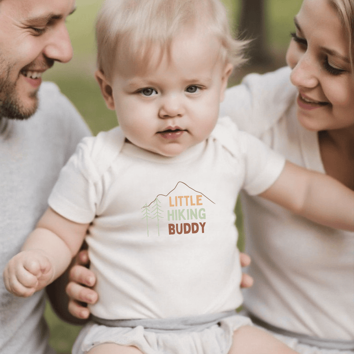 Finn and Emma Baby Baby organic graphic bodysuit | hiking buddy