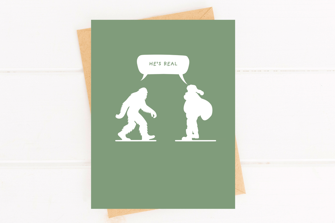Five Dot Post Cards He’s Real – Funny Sasquatch and Santa Holiday Card