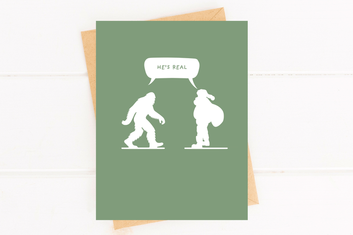 Five Dot Post Cards He’s Real – Funny Sasquatch and Santa Holiday Card