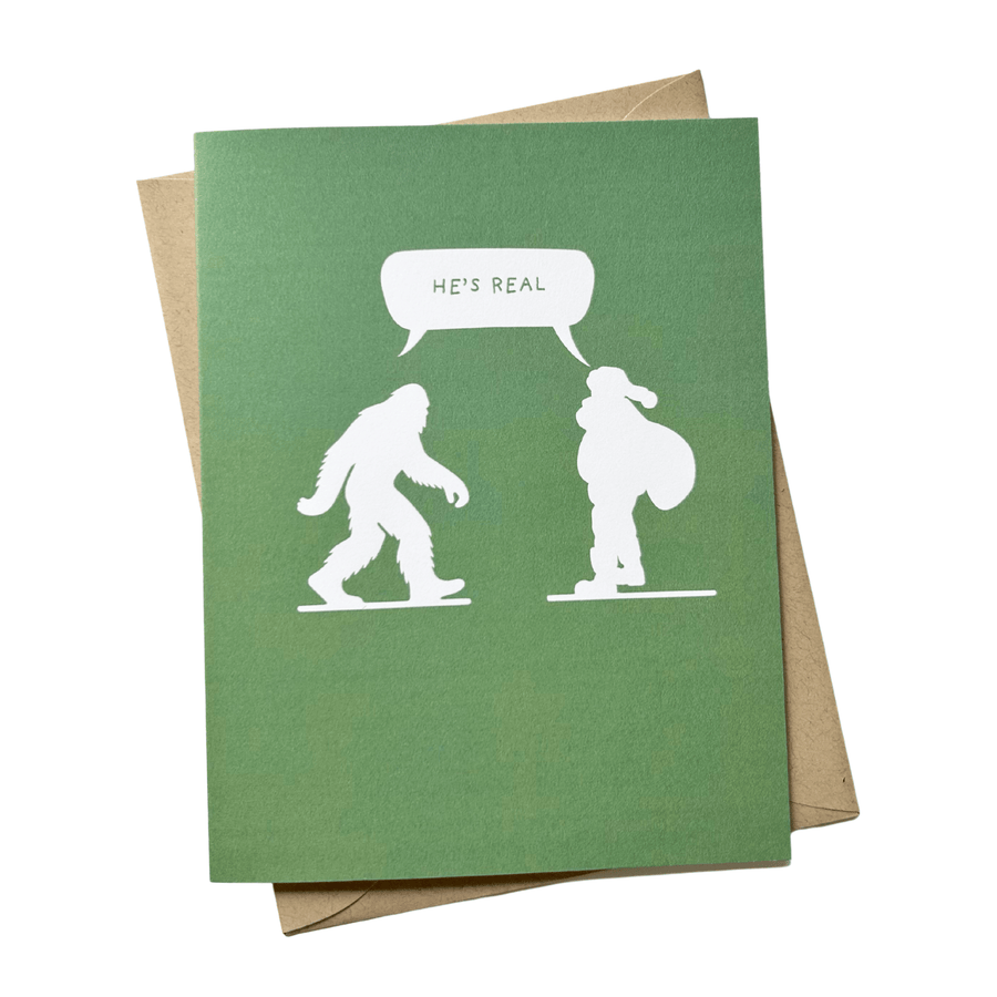Five Dot Post Cards He’s Real – Funny Sasquatch and Santa Holiday Card