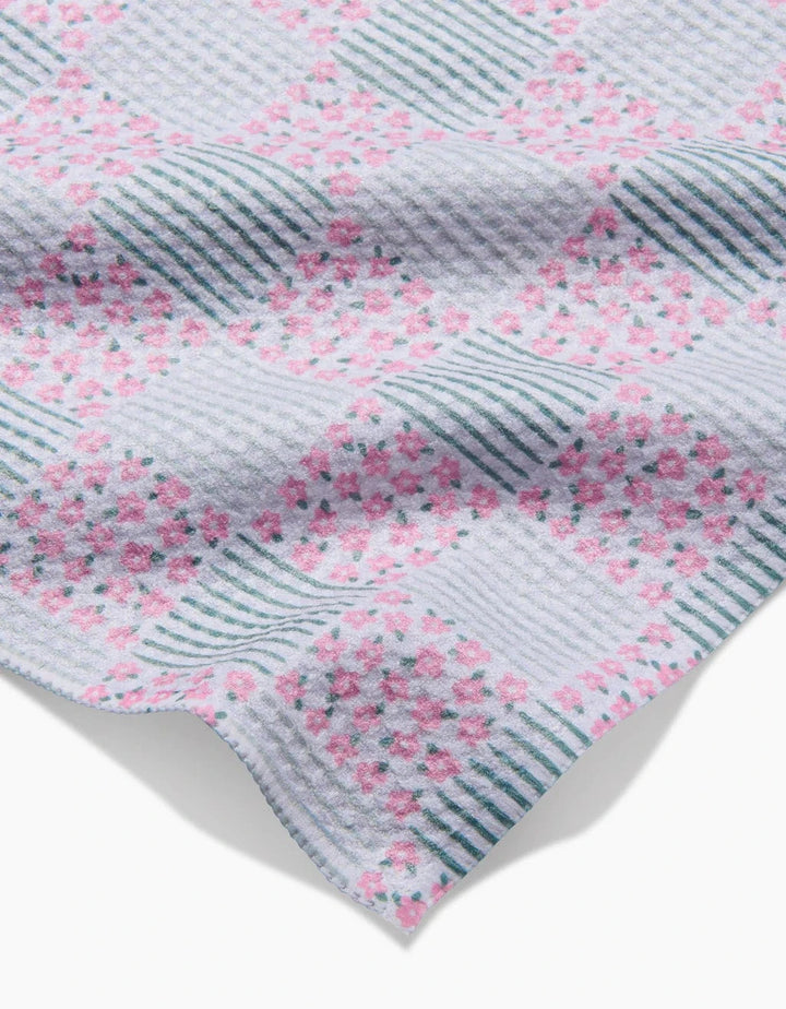 Geometry Bar Towel Mini Flowers and Stripes Check Pink and Green Bar Towel