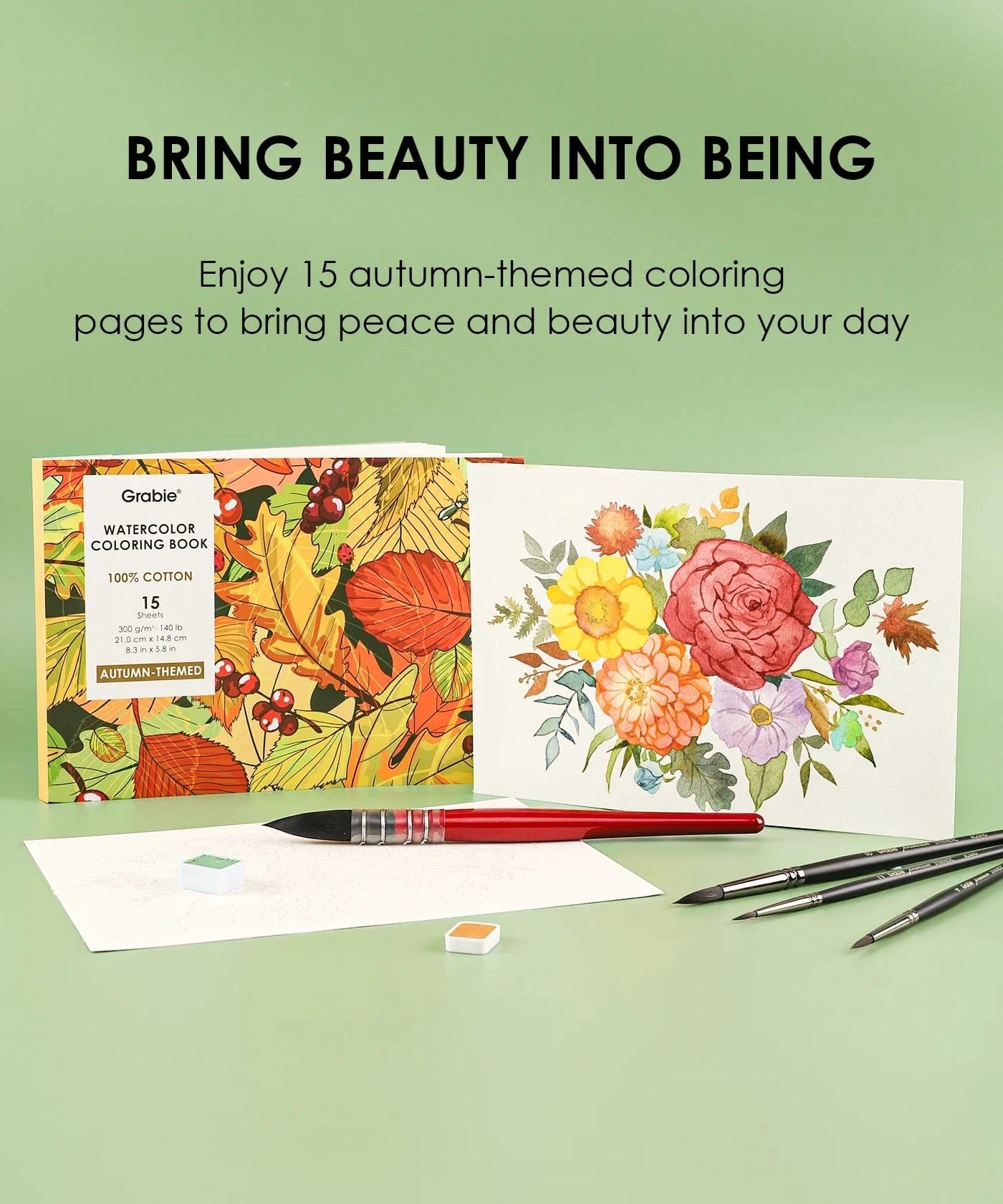 Grabie Gifts 15 Sheets 140LB Autumn-Themed Watercolor Coloring Book