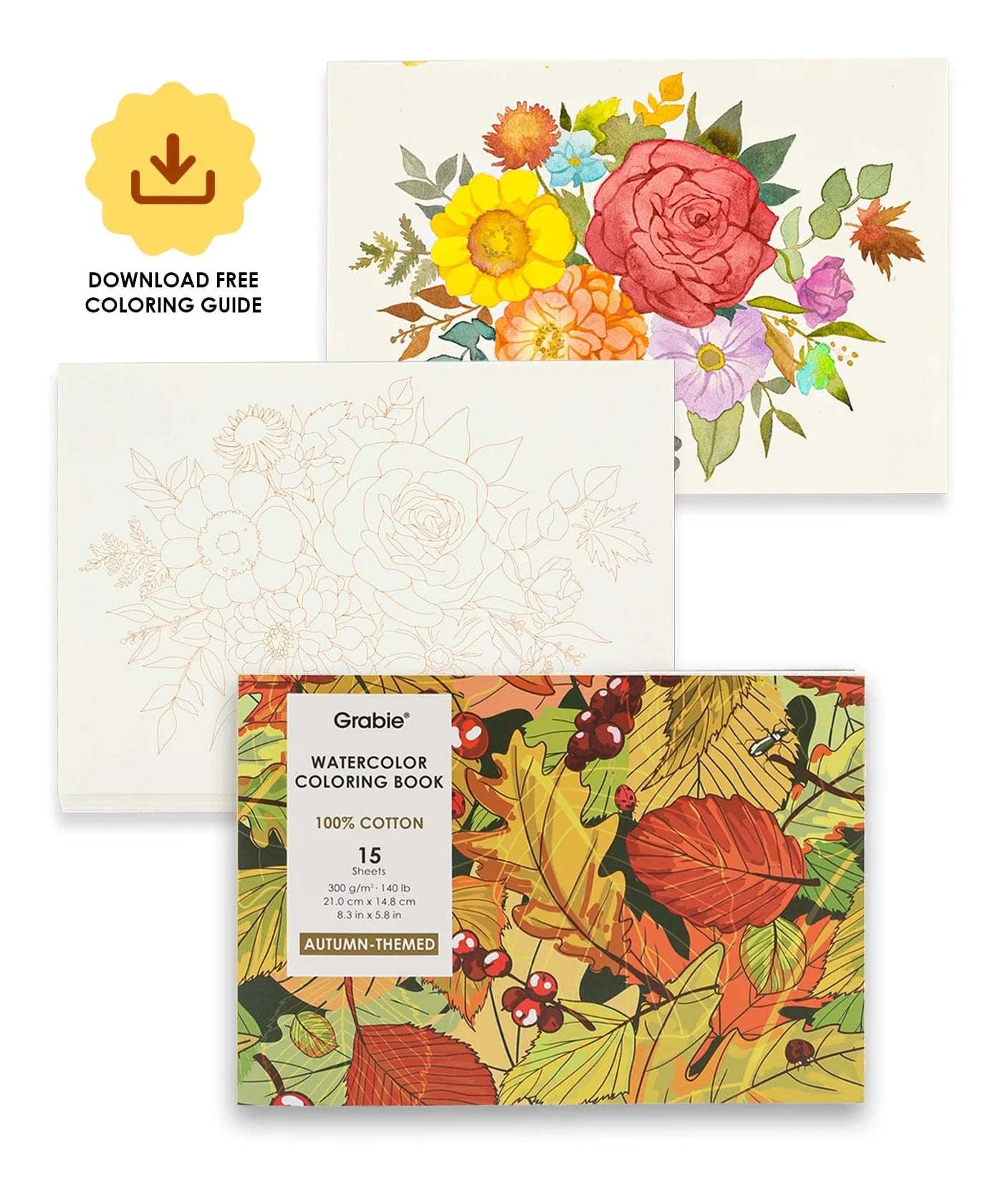 Grabie Gifts 15 Sheets 140LB Autumn-Themed Watercolor Coloring Book