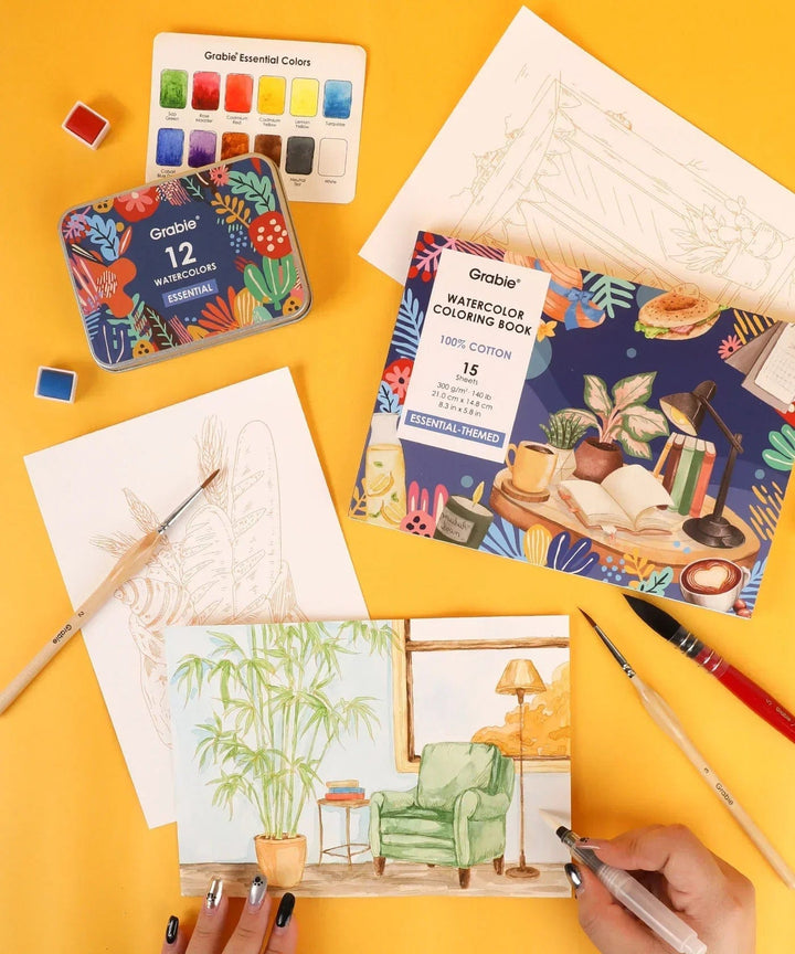 Grabie Gifts 15 Sheets 140LB Essential-Themed Watercolor Coloring Book | Grabie